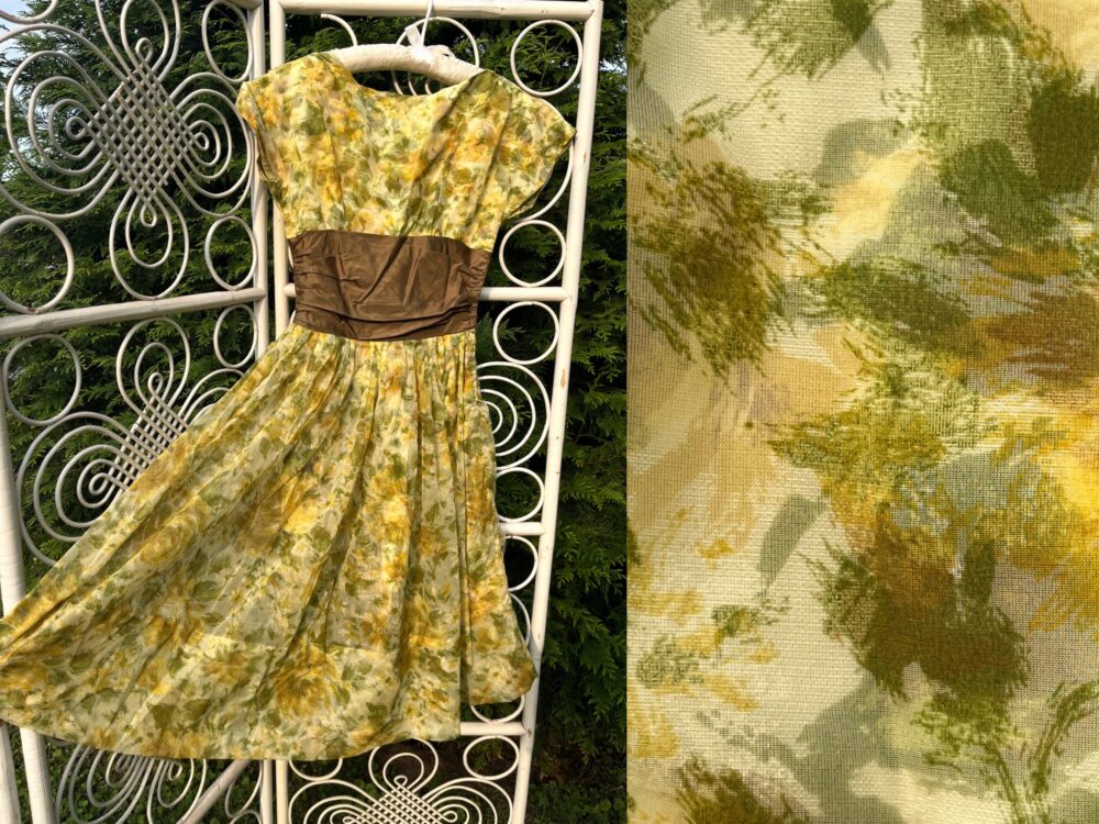 1950S Watercolor Floral Party Dress in Green & Yellow | 50S Prom Or Formal Occasion