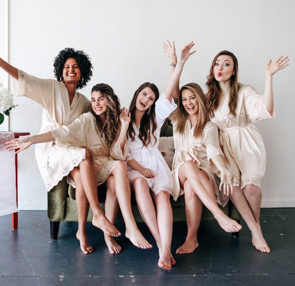 Satin Bridesmaid Robes - Lace Trim Bridal Party Getting Ready Maid Of Honor Robe Champagne Boho Wedding | Eb3260Wd