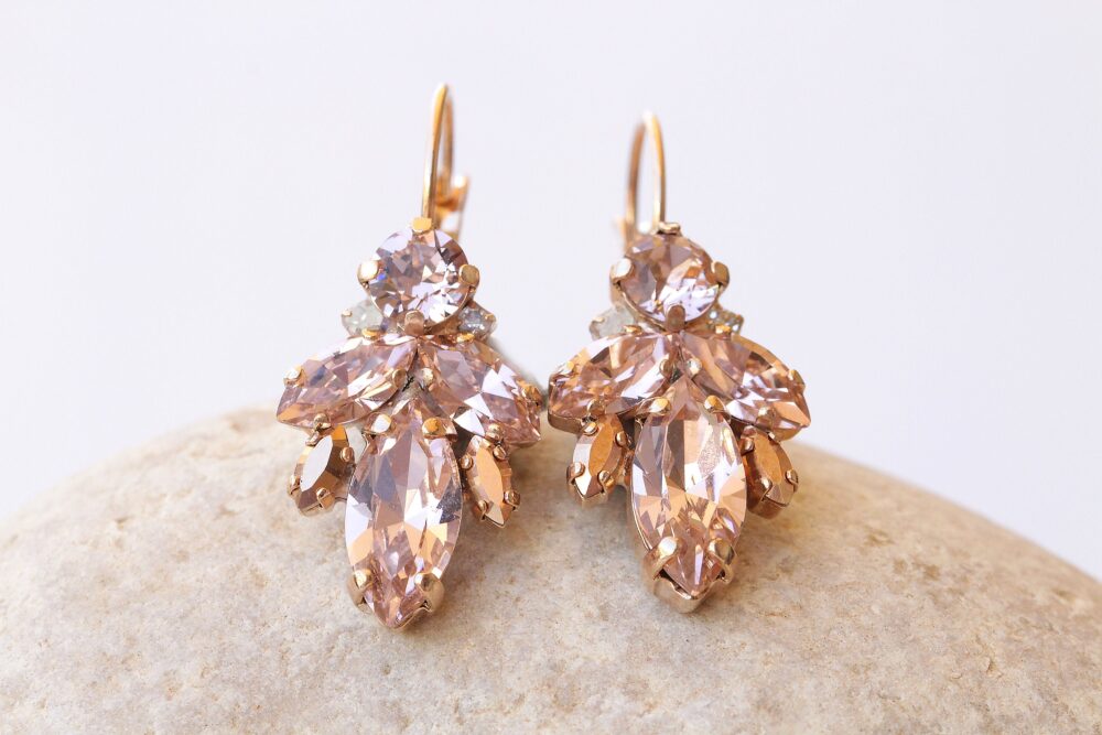 Blush Bridal Earrings, Art Deco Wedding Earrings, Light Pink Bridal Earrings, Rose Gold Morganite Crystal, Drop Cluster Elegant Earrings Gift