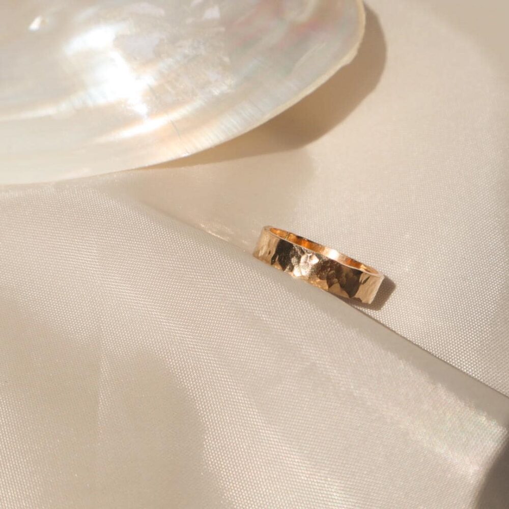14Kt Gold Hammered Band Ring, Handmade Wide Classic Textured Ring For Men & Women
