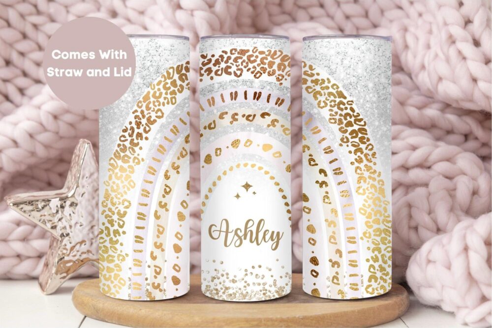 Personalized Glitter Name Tumbler With Straw & Lid, Cute Custom Cheetah To Go Cup Birthday Gift For Her, Gold Leopard Rainbow