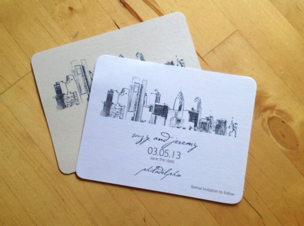 Philadelphia Skyline Wedding Save The Date - The Metallic Postcard Invitation Change