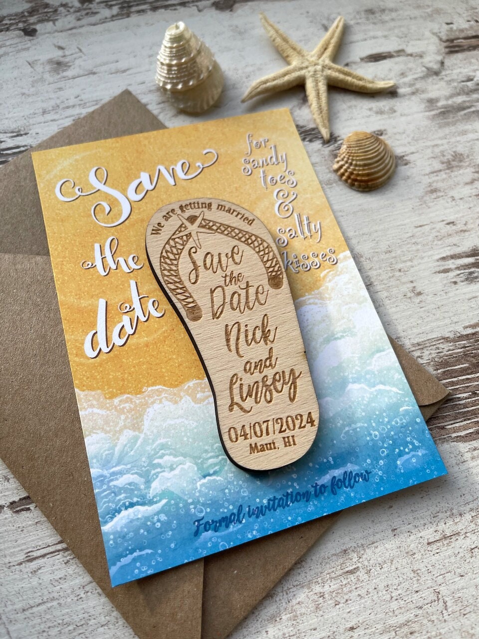 Flip Flop Save The Date Magnet With Beach Card & Envelope, Save-The-Date Rustic Wood Magnets, Magnet, Tropical Wedding