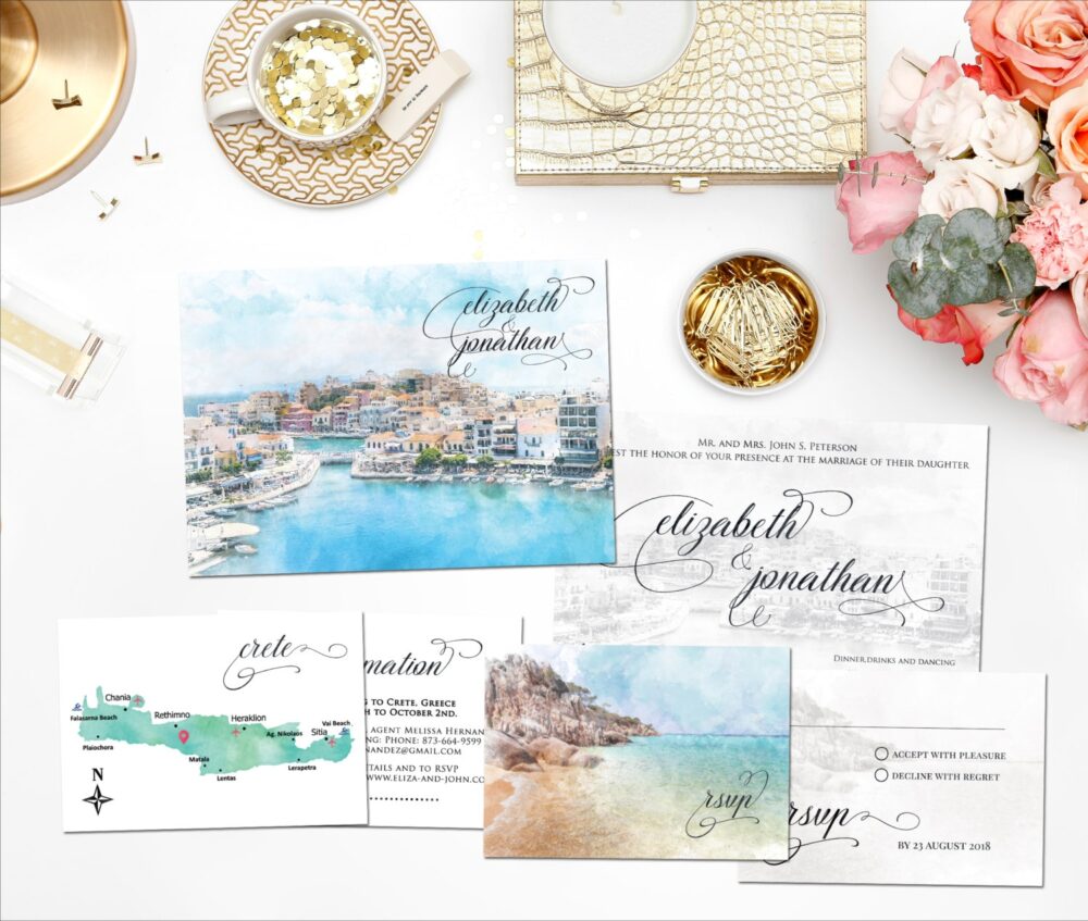 Digital Printable Invitations Destination Wedding Beach Crete Greece Watercolor Invitation Set Save The Date Map Info Card Id759