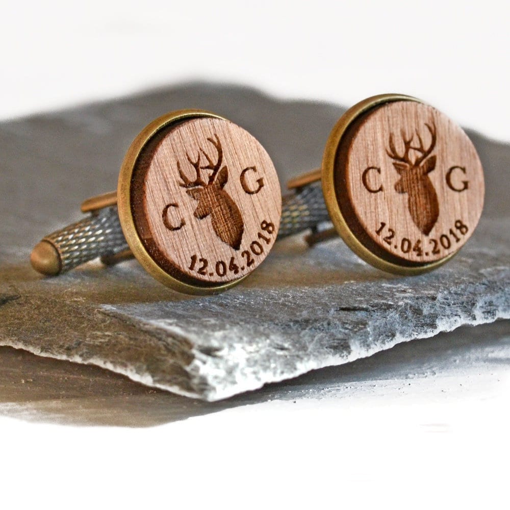 stag Cufflinks, Groomsmen Rustic Wood Wedding, Deer Woodland Wedding Personalized Cufflinks