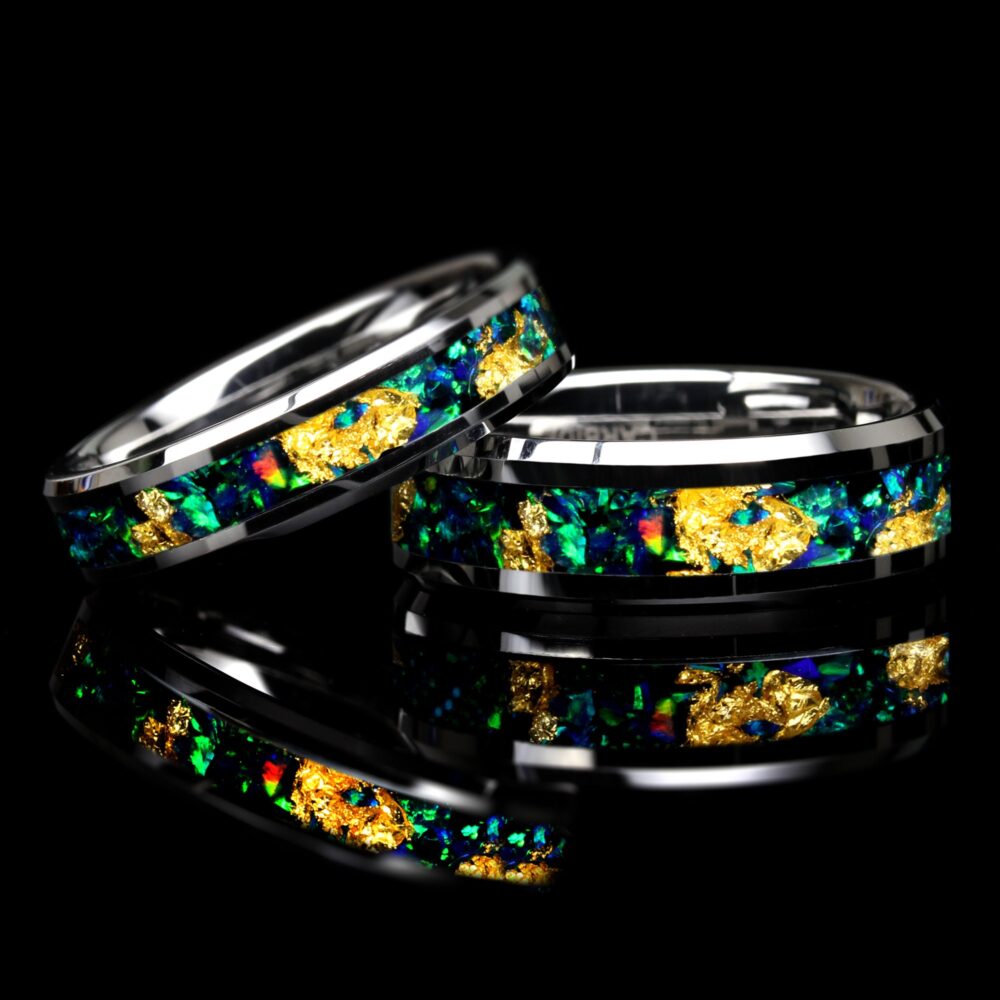 Emerald Green Fire Opal Wedding Band Ring Set, 24K Pure Gold Leaf Ring, 8mm 6mm His & Hers Tungsten Promise Gift