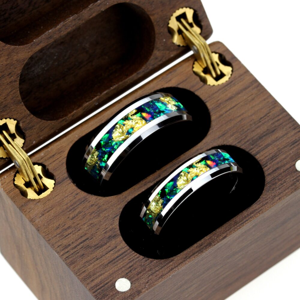 Emerald Green Fire Opal Wedding Band Ring Set, 24K Pure Gold Leaf Ring, 8mm/6mm His & Hers Tungsten Promise Gift