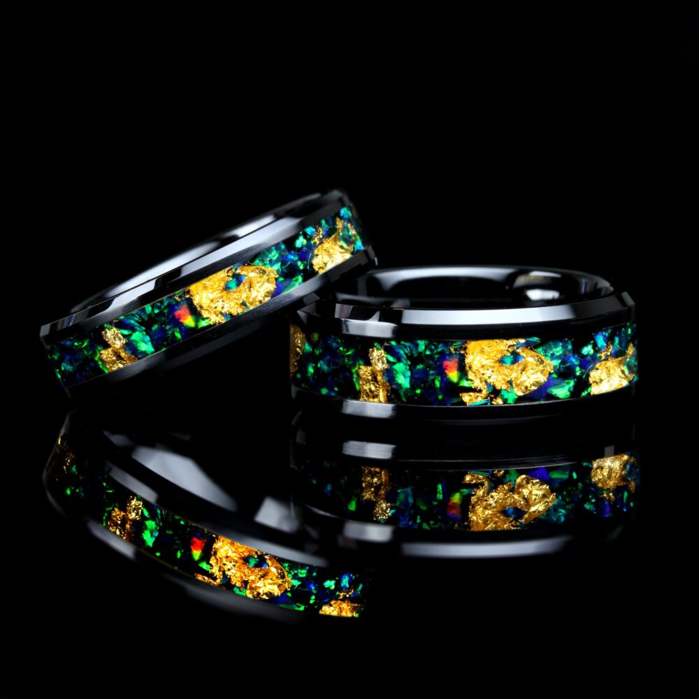 Emerald Green Fire Opal Wedding Band Ring Set, 24K Pure Gold Leaf Ring, 8mm/6mm His & Hers Black Ceramic Promise Gift
