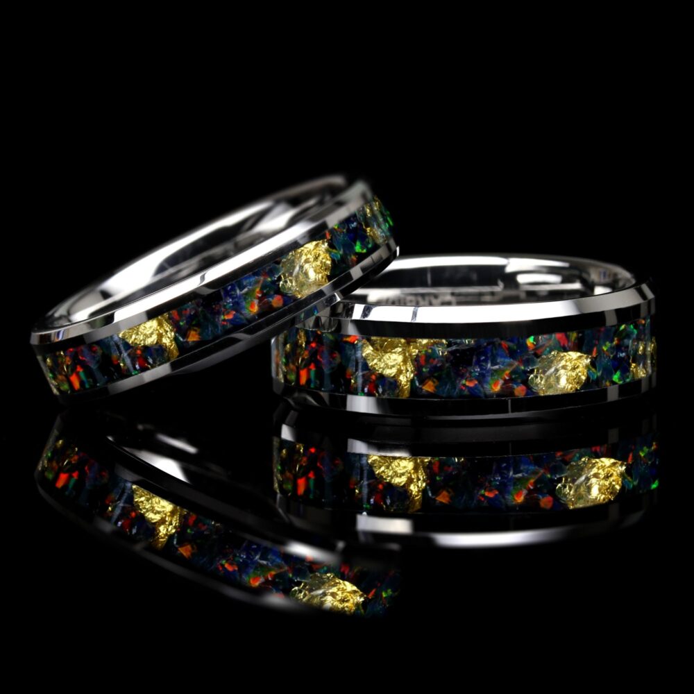 Black Rainbow Fire Opal Wedding Band Ring Set, 24K Pure Gold Leaf Ring, 8mm/6mm His & Hers Tungsten Promise Gift