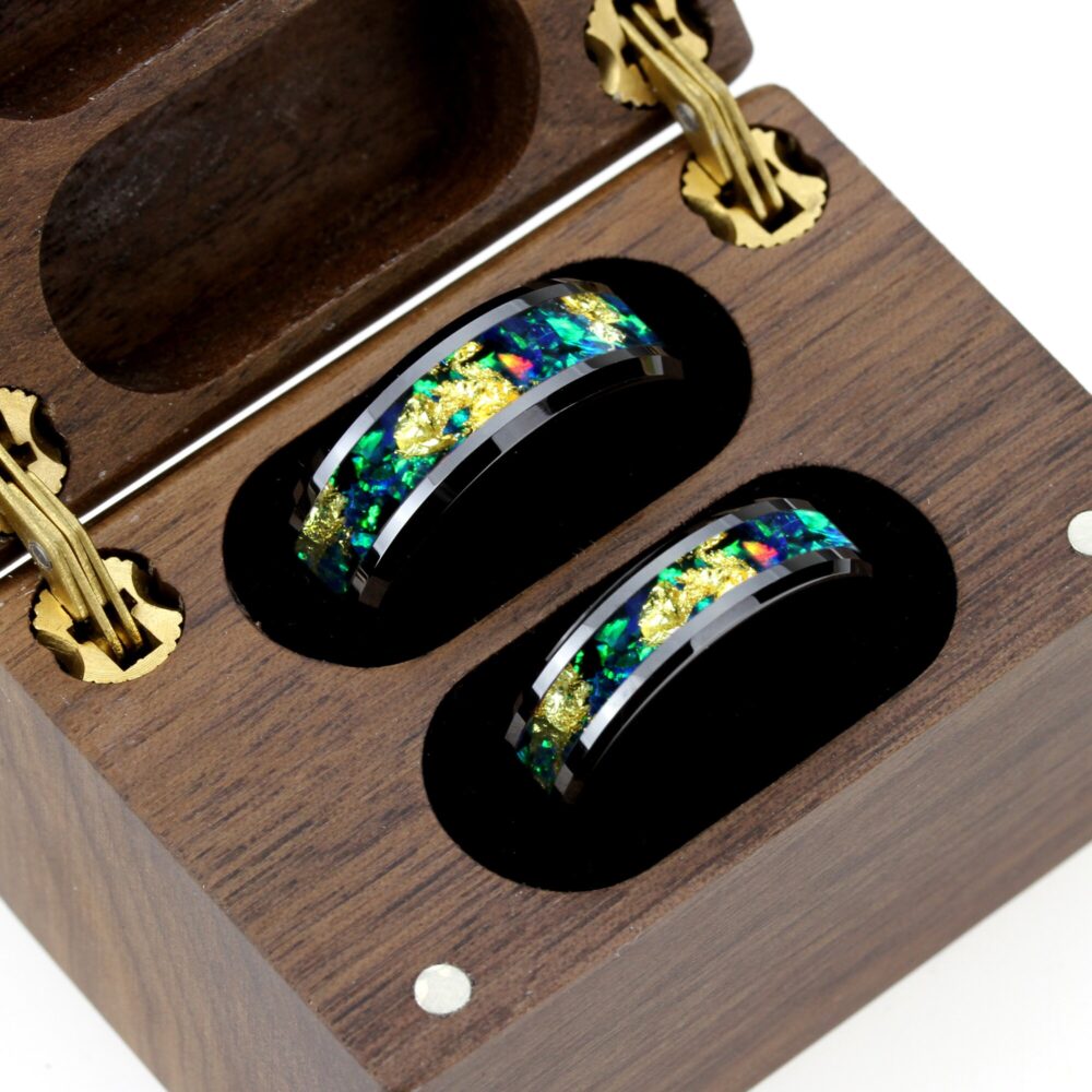 Emerald Green Fire Opal Wedding Band Ring Set, 24K Pure Gold Leaf Ring, 8mm/6mm His & Hers Black Ceramic Promise Gift
