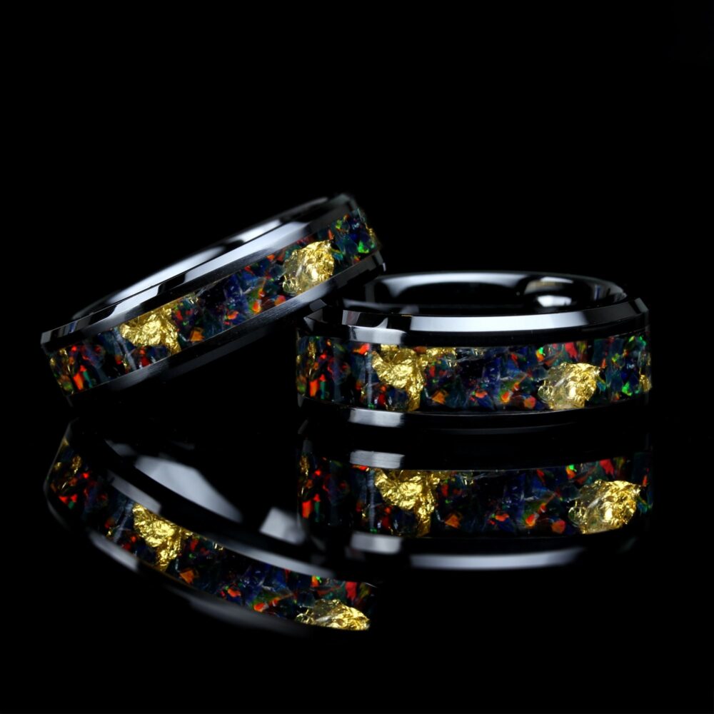 Black Rainbow Fire Opal Wedding Band Ring Set, 24K Pure Gold Leaf Ring, 8mm/6mm His & Hers Ceramic Promise Gift