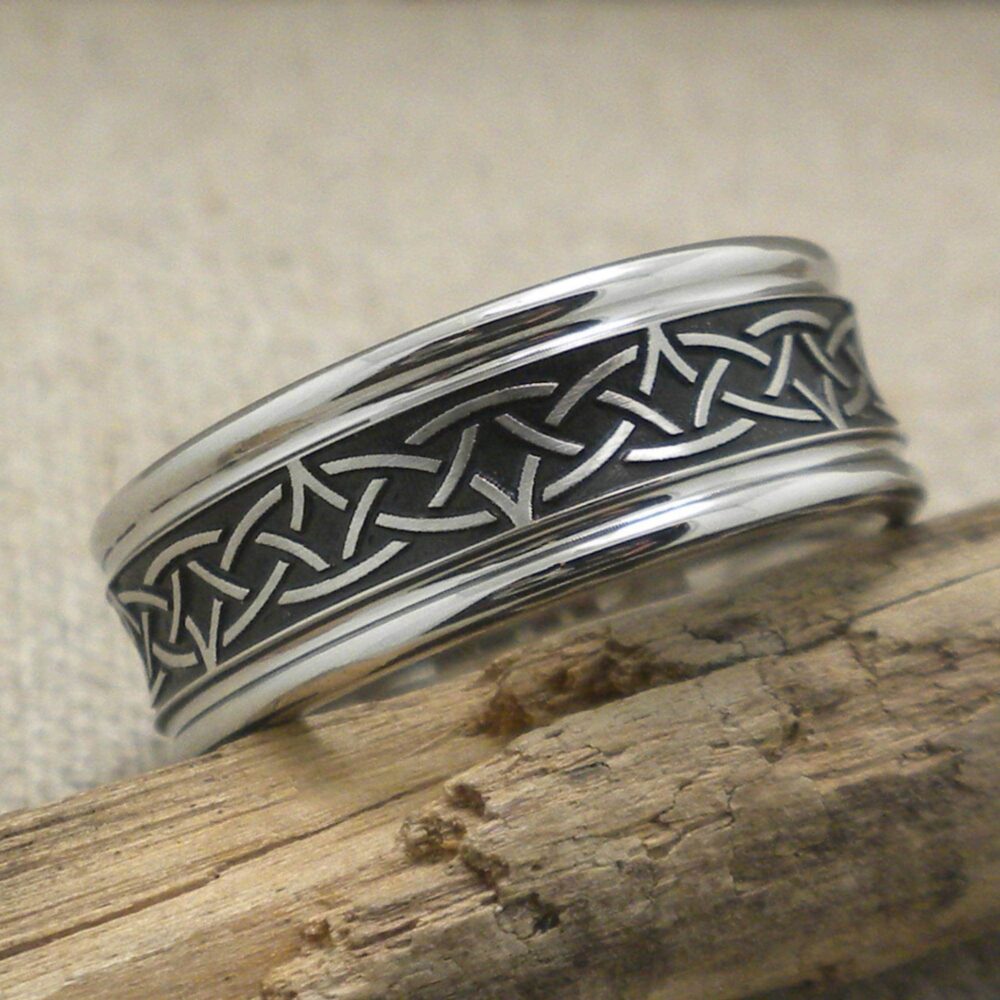 Concave Profile Cobalt Chrome Celtic Knot Wedding Ring Band 8mm Wide Black Cerakote Background Wedding Comfort Fit