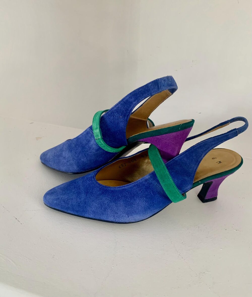 Multicolored Suede Slingback Heels Size 6 Vintage Nina Mid Heel Pointed Toe