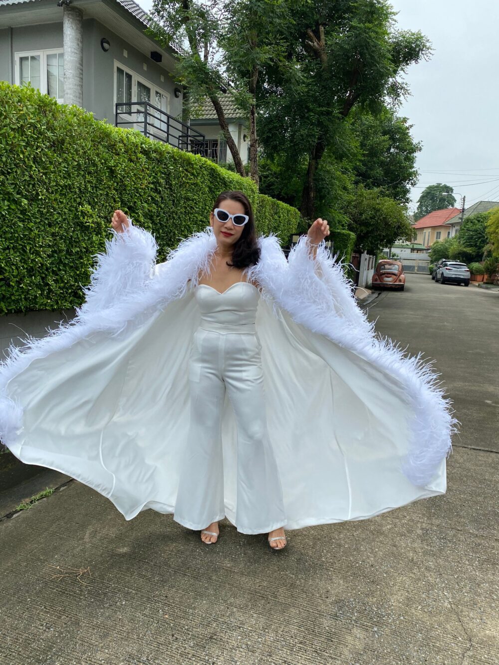 Eda White Boas Feathers Satin Kimono Dress, Ball Gown Wedding Dress, Unique Dress, Plus Size Dress, Bridal Dress