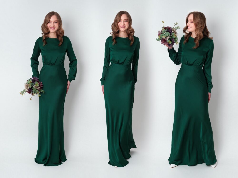 Dark Green Silk Long Dress, Bridesmaid Wedding Guest Evening Sleeves Bridal Party Attire, Plus Size Dress