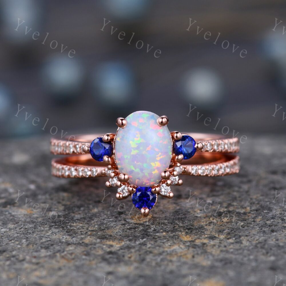 Oval Cut Opal Engagement Ring Set Rose Gold Diamond Blue Sapphire Matching Band Stacking Bridal Wedding Birthstone Promise Jewelry