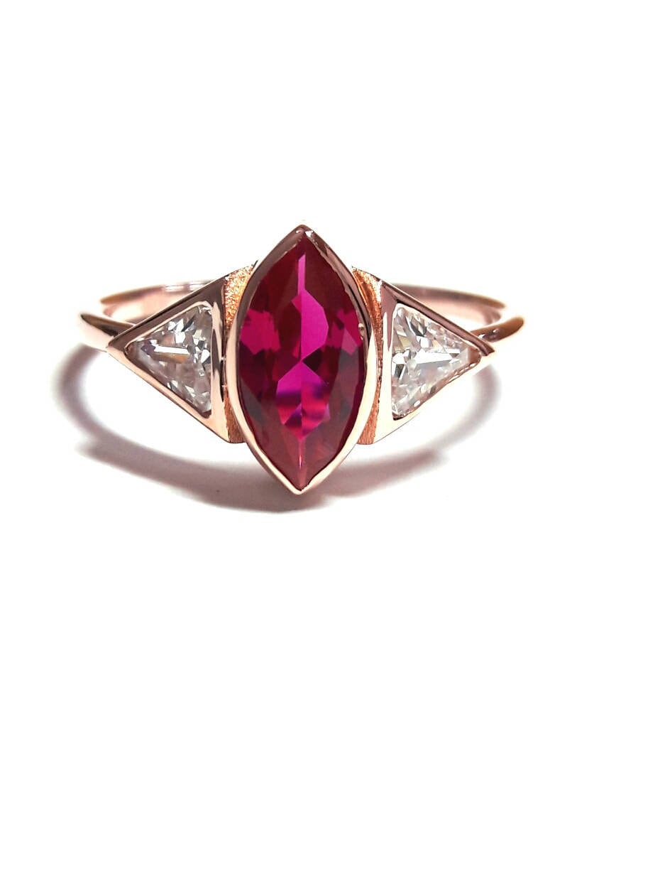 8K Solid Gold Cz Marquise Ruby Ring/Wedding Band Triangle Promise Engagement /Gift For Her
