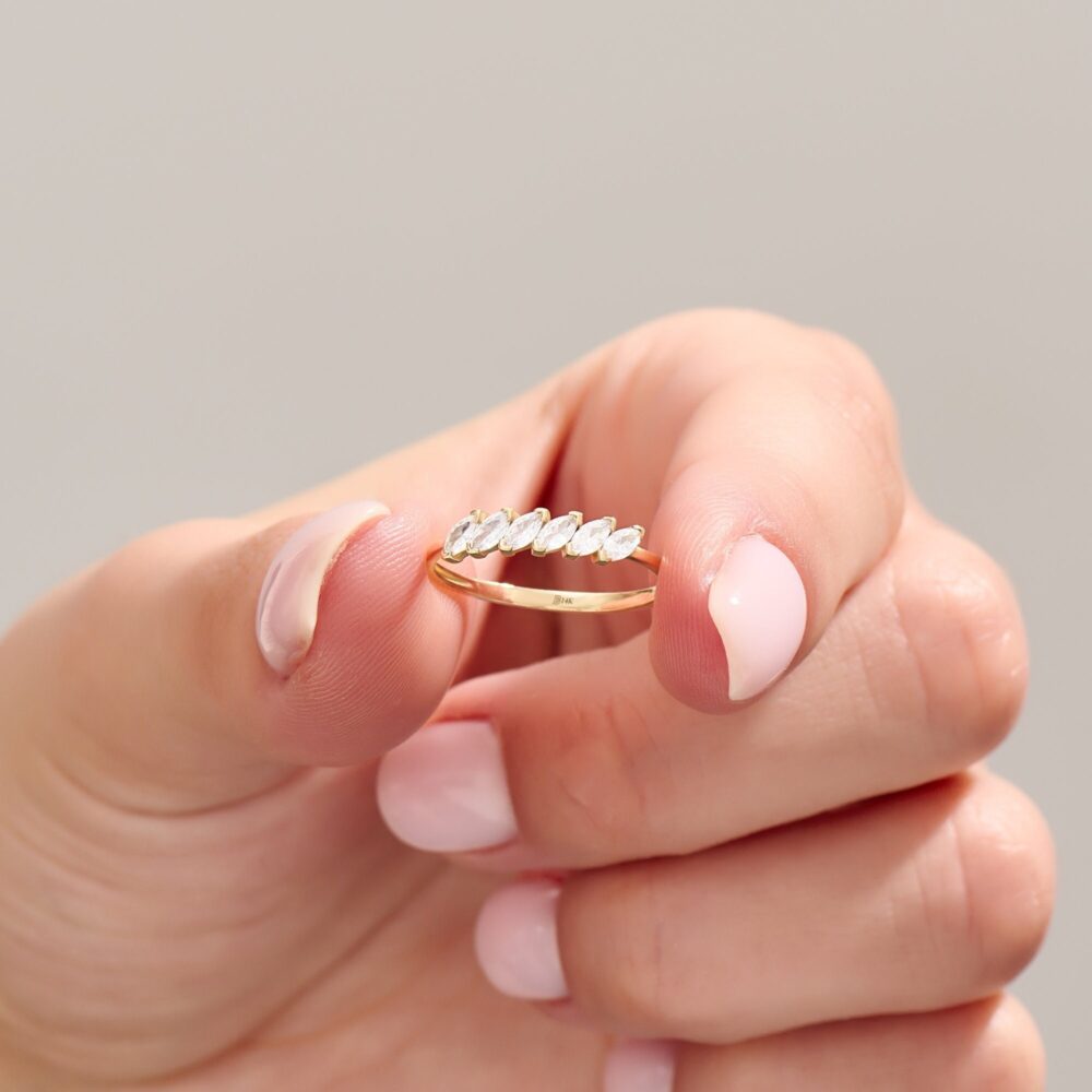 14K Solid Gold Marquise Wedding Ring, Slanted Band For Women, Dainty Prong Set Cz Unique Ring