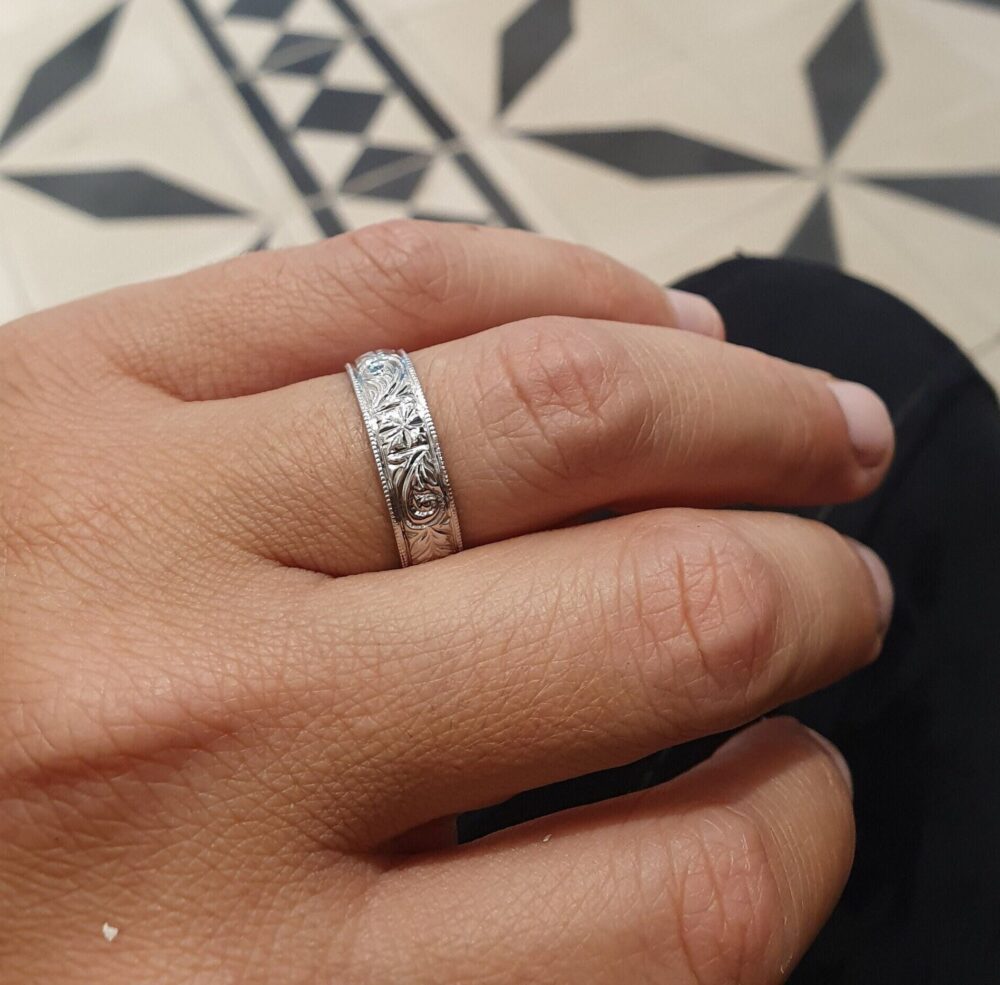 Platinum Wedding Ring, Antique Band, Ring Women, Men's Pattern Vintage Style Boho