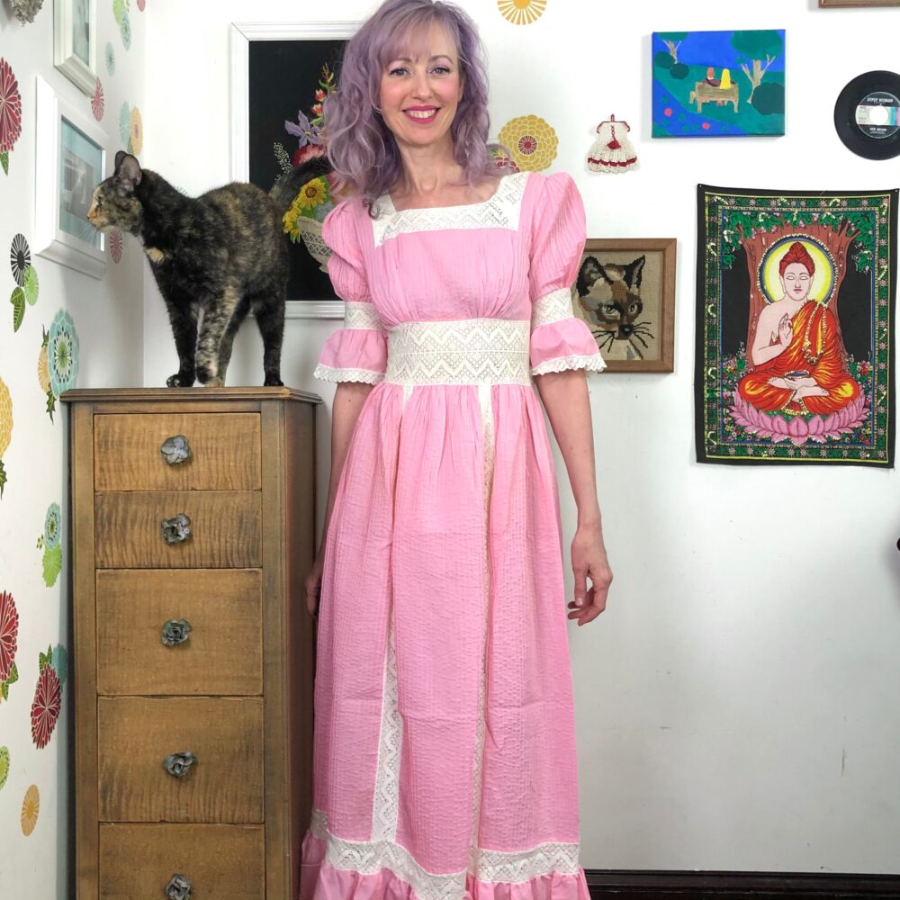 Vintage Pink Mexican Wedding Dress, Calesa Pintucked Gown With Crochet Panels & Angel Bell Sleeves, Bohemian Hippie Style Sz S