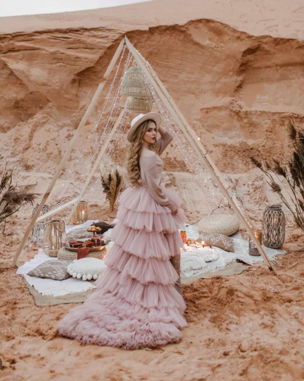 High Low Wedding Tulle Skirt, Bridal Gowns & Separates, Layered Western Womens Clothing, Tiered Gown, Blush Maxi Skirt