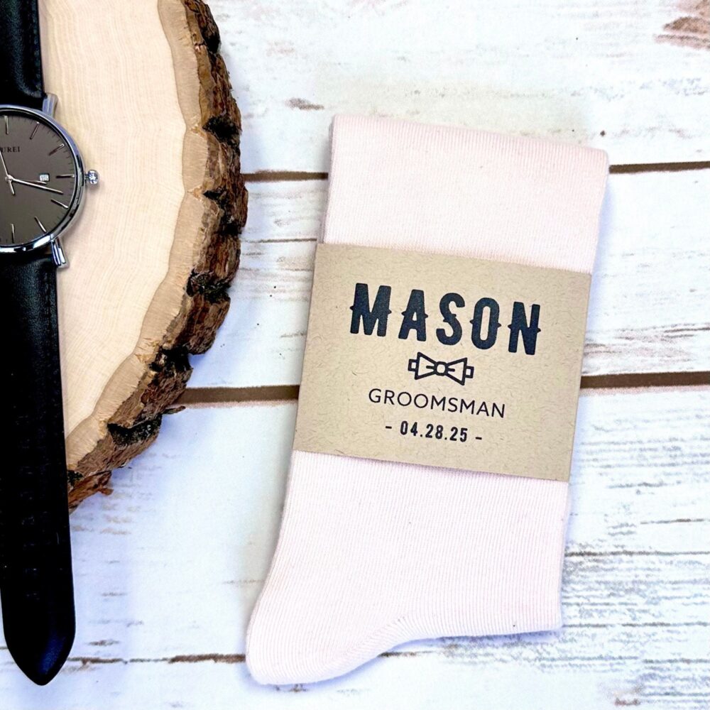 Pale Pink Groomsmen Socks With Custom Sock Labels, Personalized Solid Wedding Socks, Blush Men's Dress Sized 8-13