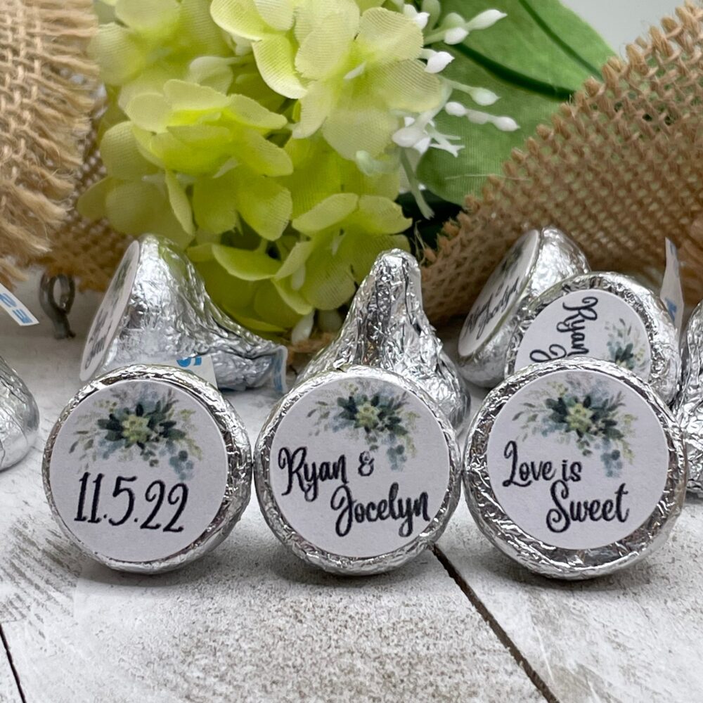 Greenery Wedding Favor Stickers/ Chocolate Candy Custom Kisses Labels/ Personalized