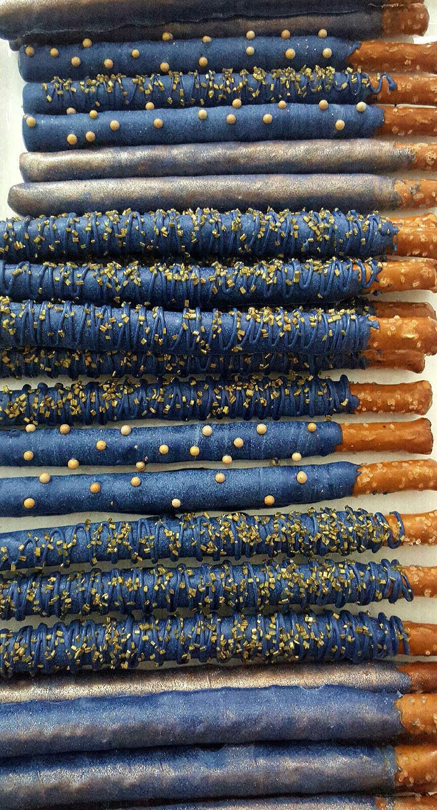 Gourmet Navy & Rose Gold Chocolate Covered Pretzel Rods With Drizzle Pearls Crystal Decor Wedding Bridal Baby Shower Graduation Favor