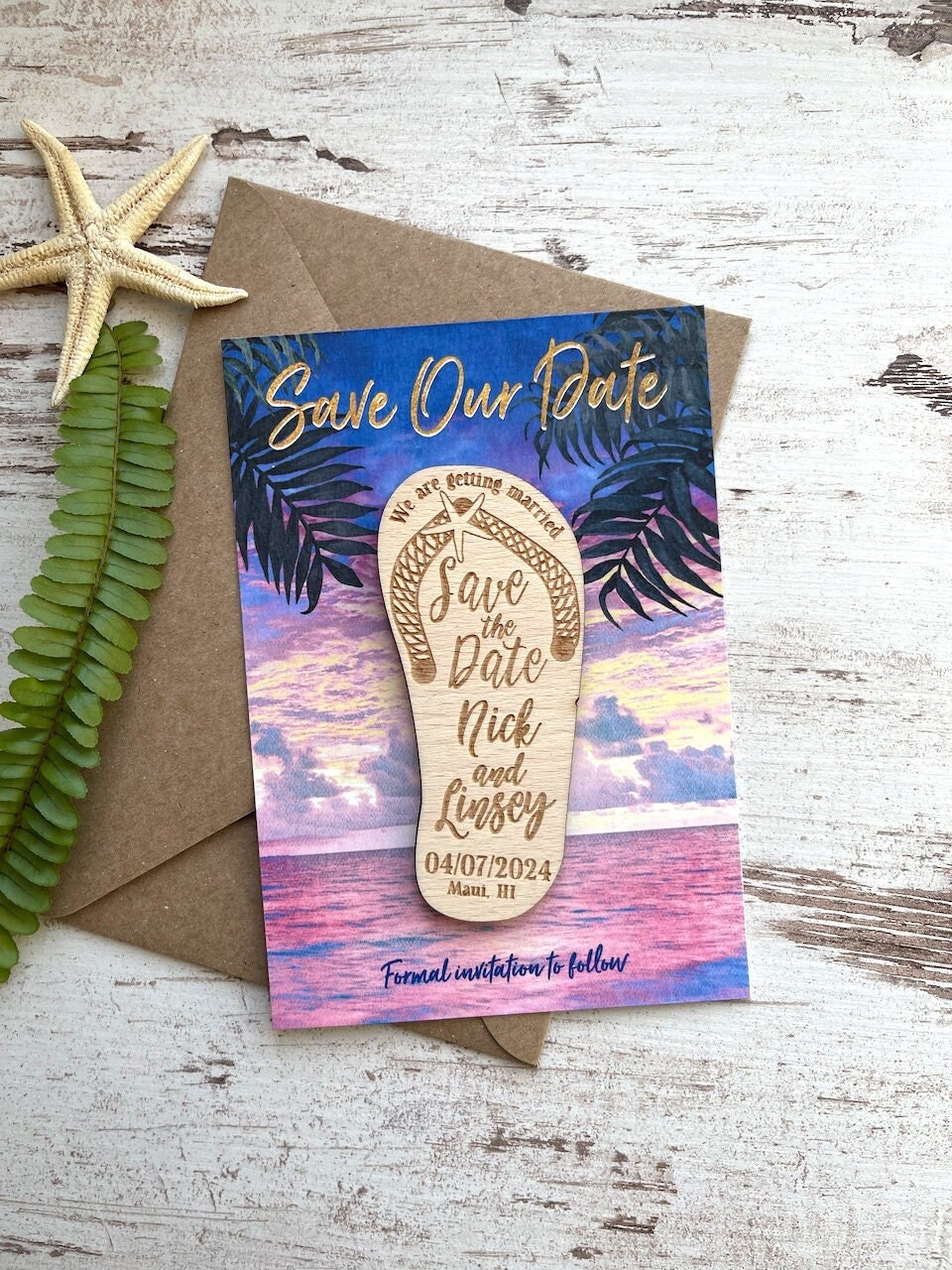 Save The Date Magnet Flip Flop With Beach Card & Envelope, Rustic Save-The-Date Wood Magnets, Magnet, Tropical Wedding