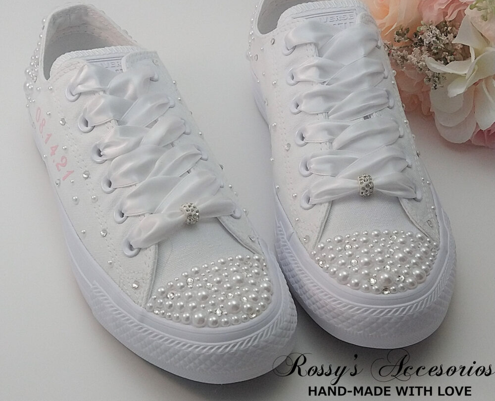Personalized Pearls Crystal Wedding Converse For Bride/White Shoes Custom Bling Low Top