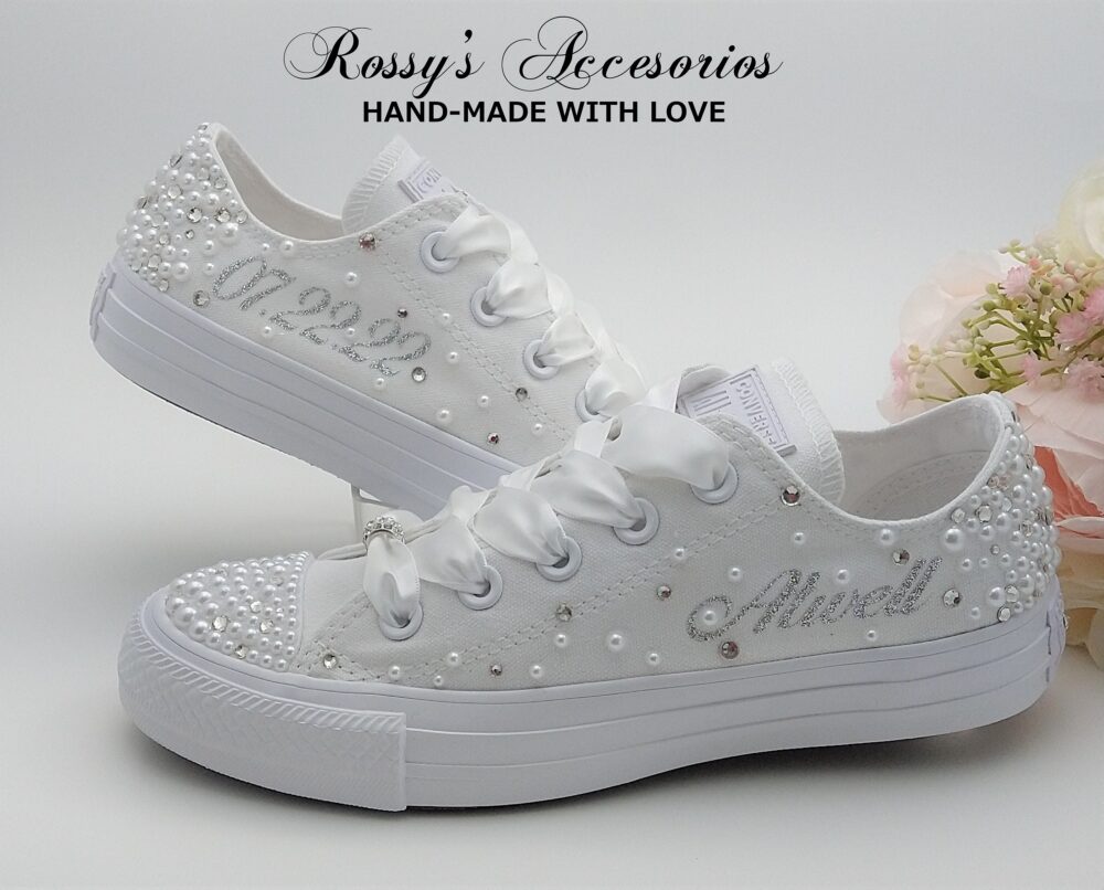 Personalized Pearls Crystal Wedding Converse For Bride/White Shoes Custom Bling Low Top