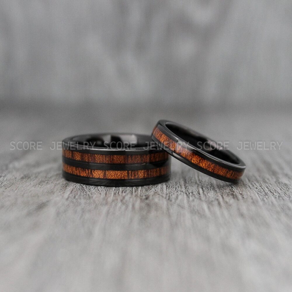 Wood Rings, Wedding Couple Jewelry, Black Tungsten Bands With Genuine Redwood Inlay, Rings