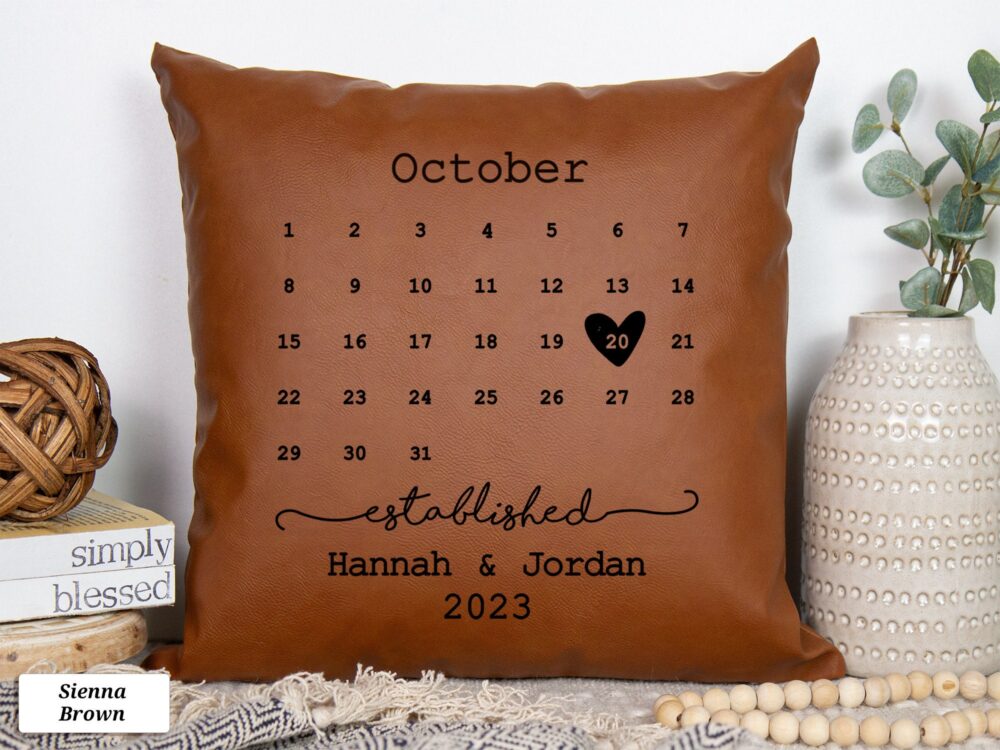 Personalized Wedding Pillow Cover, Date Custom Gift, Faux Leather Pillow, Gift For Couple Unique