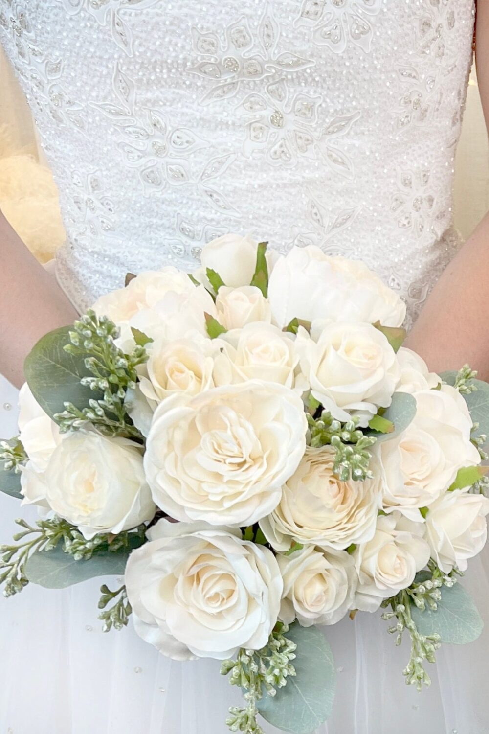Ivory Blush Wedding Bouquet Set With Mini Roses | Silk Bridal Fake Flowers Beach