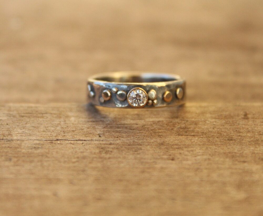 Montana Sapphire, Diamond Or Moissanite 14K Gold Bezel Set Heavy Sterling Silver Hammered Band Ring Made To Order
