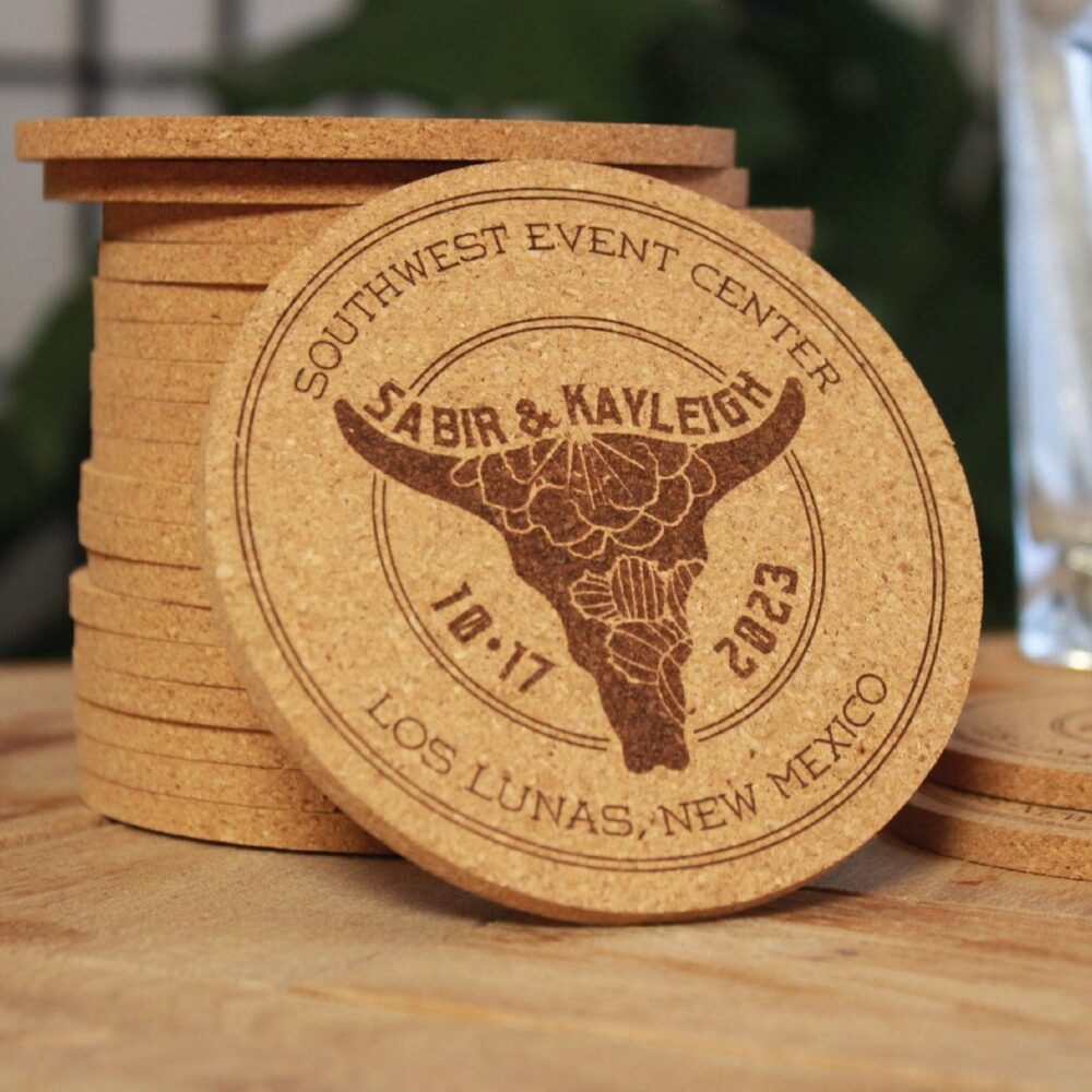 Southwestern Wedding Favors - Extra Thick, Rustic, Personalized, Engraved Cork Coaster, Custom, Country Gift, Shower, Reception Favor