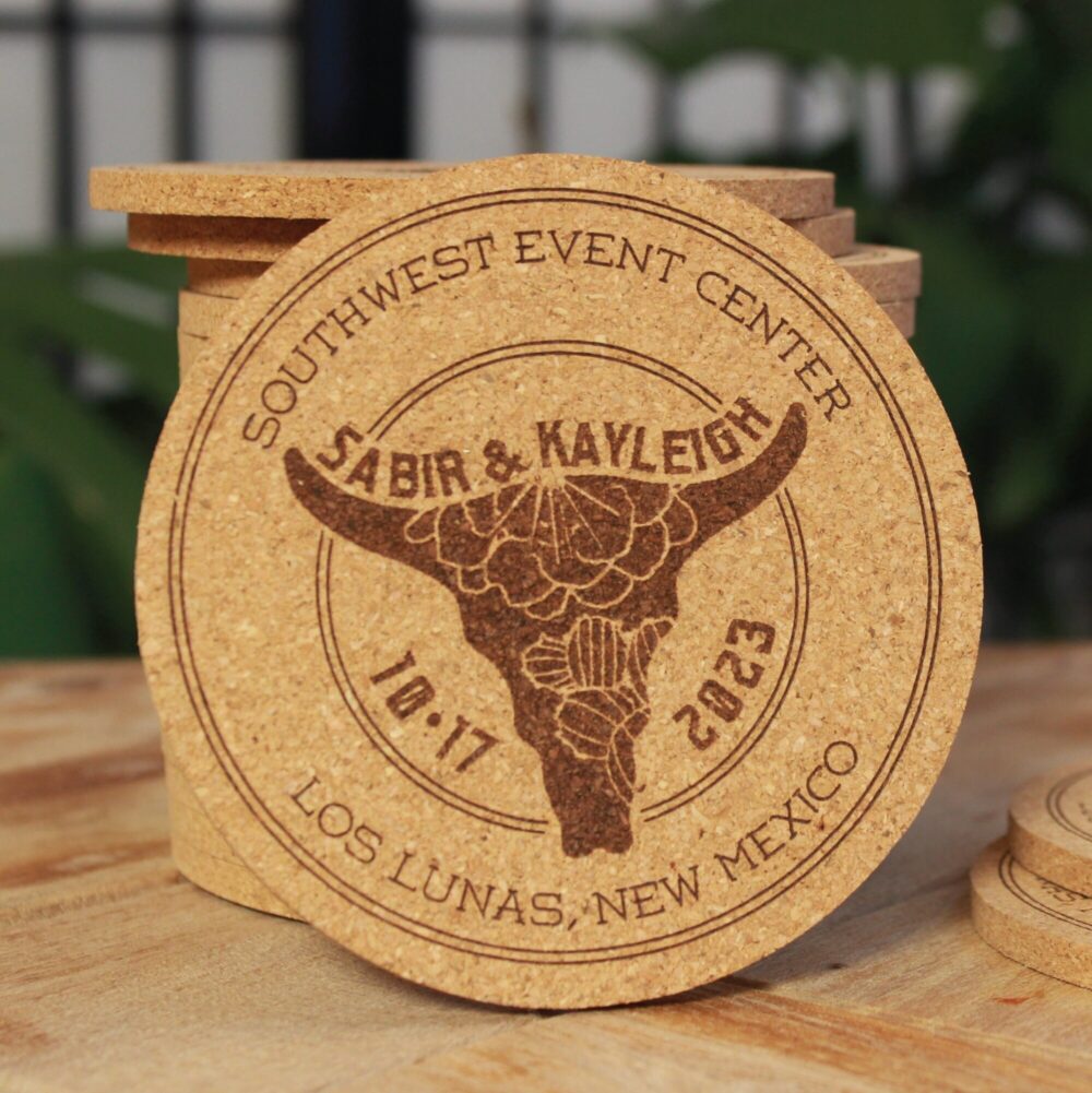 Southwestern Wedding Favors - Extra Thick, Rustic, Personalized, Engraved Cork Coaster, Custom, Country Gift, Shower, Reception Favor