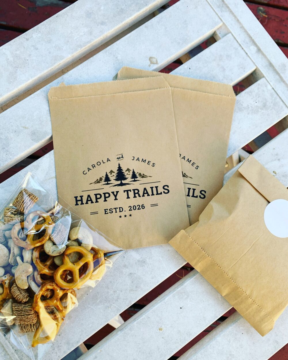 25 Happy Trails Wedding Favor Bag || Personalized Wedding Favor Bag, Coffee Cookie Donut Reception Bag