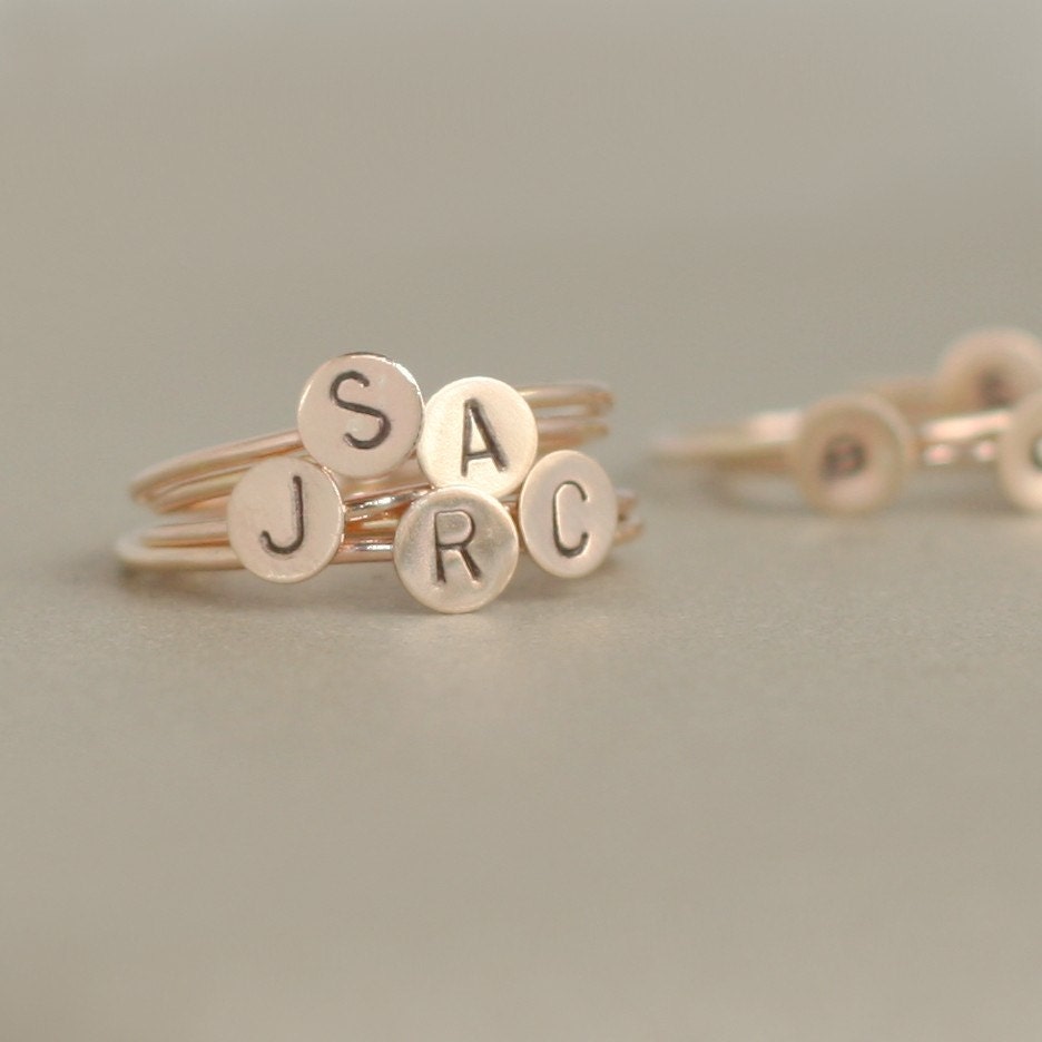 Initial Ring. Solid 14K Gold Monogram Stacking One Stamped Letter Mothers Personalized Jewelry. Bridesmaid Gift For Her