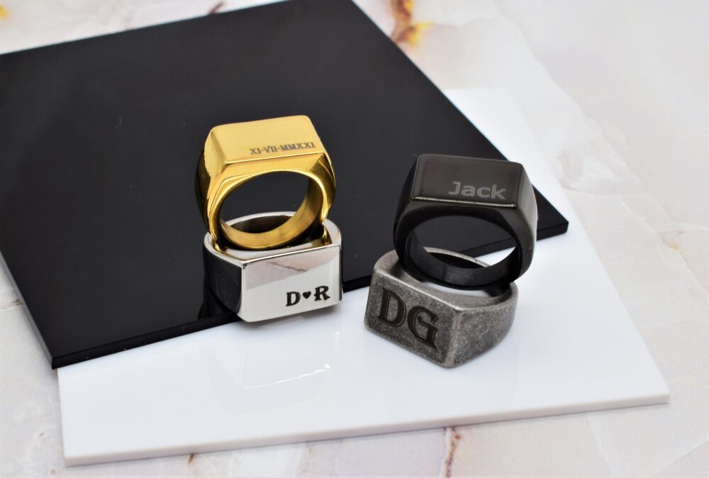 Mens Signet Ring Engraved Custom Monogram Name Initials Square Rectangle Rings Personalized Gift For Boyfriend Man Father