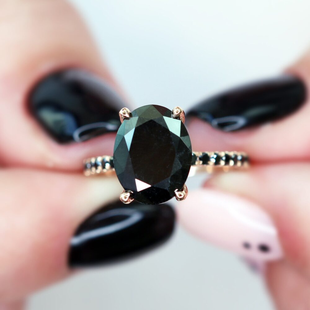 Black Diamond Engagement Ring, Rose Gold Unique Alternative Oval