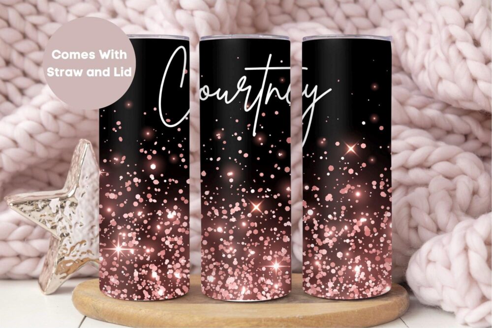 Personalized Glitter Name Tumbler With Straw & Lid, Cute Custom To Go Cup Birthday Gift For Her, Black & Pink