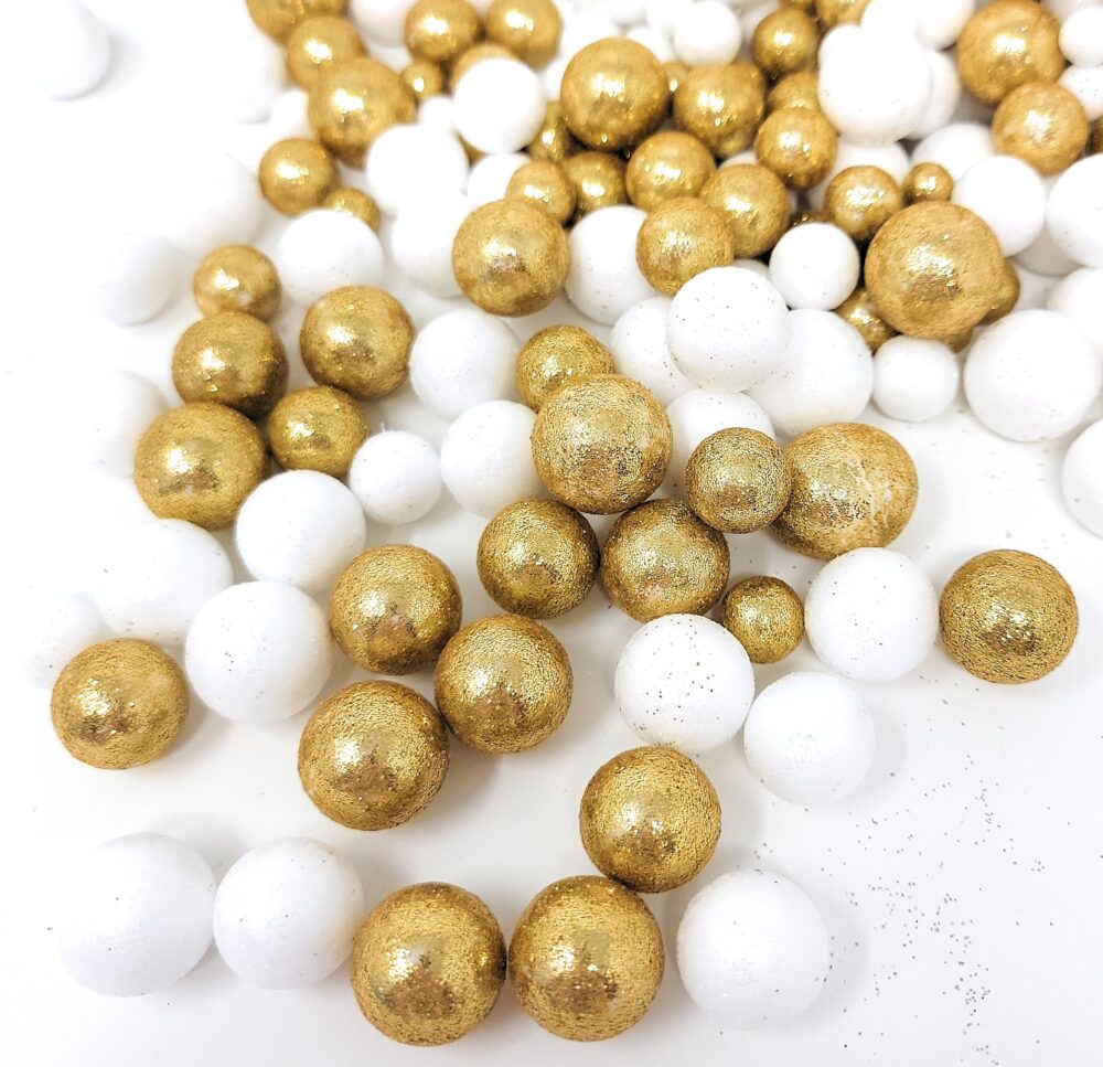 White & Gold Glitter Foam Ball Scatter, Vase Or Bowl Filler 4 Cups, 6-19mm
