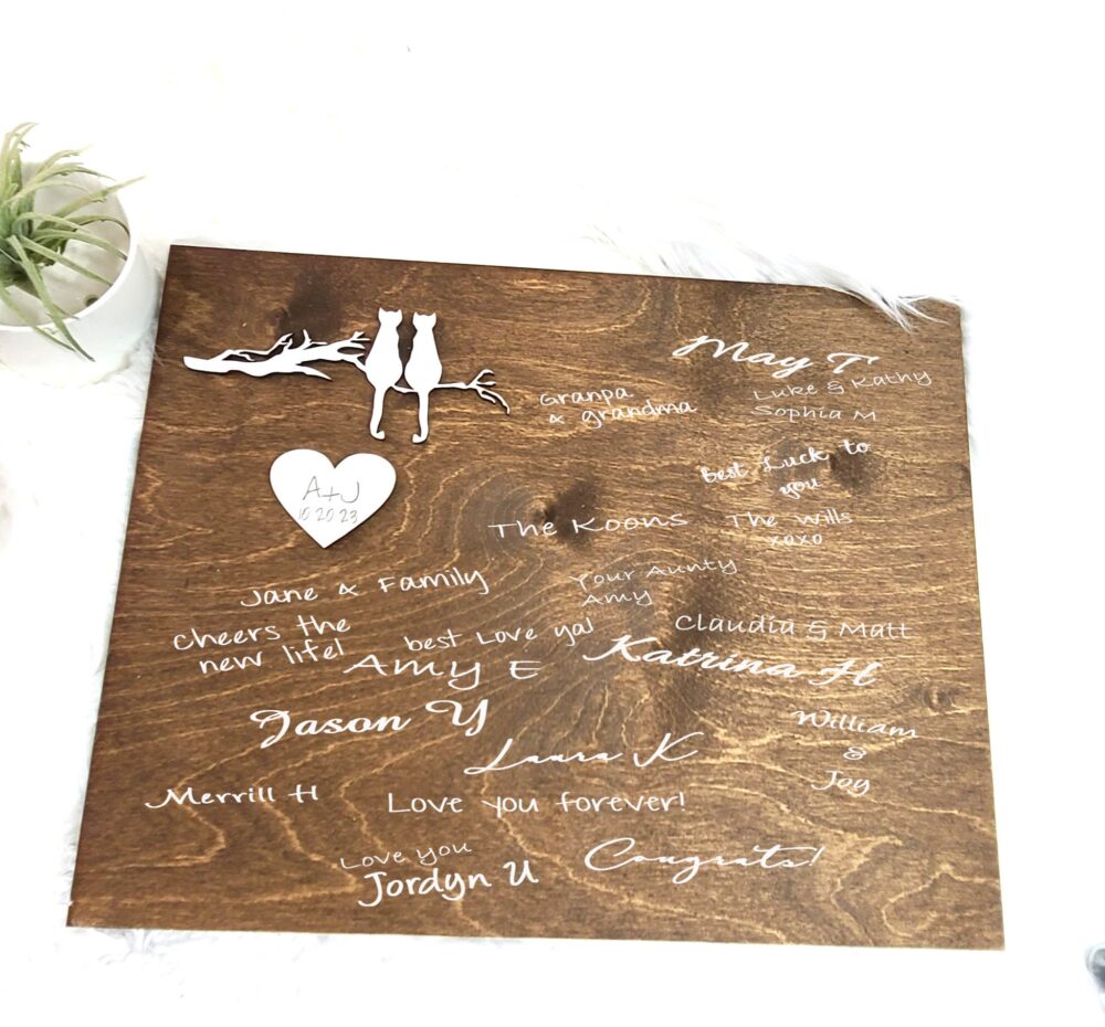 Cats Wedding Guestbook Alternative Laser Cut 3D Wood Guest Board Birch Trees Deer