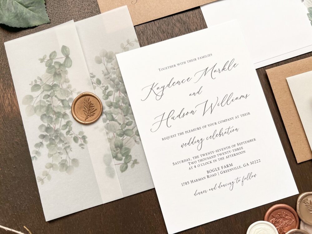 Eucalyptus Vellum Wedding Invitation Set with Antique Gold Wax Seal & Printed Greenery, Formal Elegant Invite, Romantic Modern Calligraphy