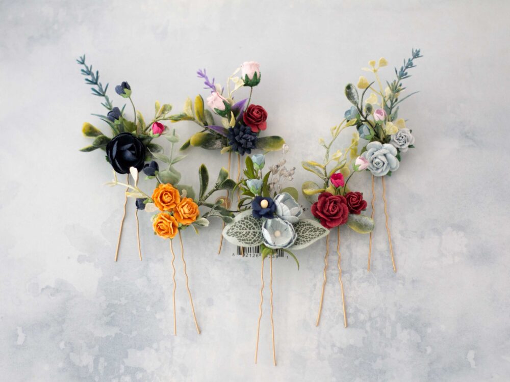 Colorful Flower Pins Wedding, Jewel Tone Floral Hair Pins, Set Bobby Wedding Pin, Bohemian Bride Bridesmaid Pin