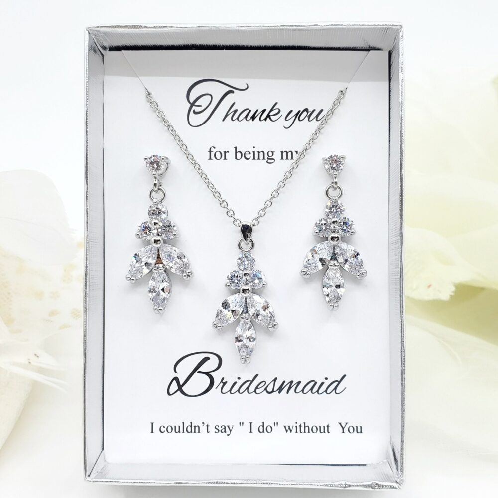 Wedding Leaves Dangle Drop Cubic Zirconia Earrings & Necklace Set, Bridal Bridesmaid Jewelry Set Gift, Gift For Mom Party