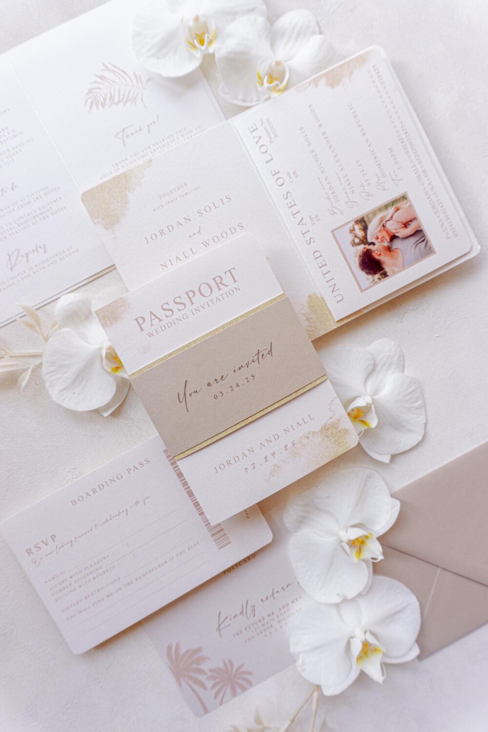Beach Passport Wedding Invitation - Sand & Gold Watercolor With Ivory Accents {Daytona Design Sample Pack}