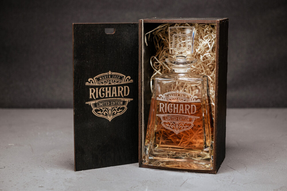Personalized Wooden Gift Box. Engraved Decanter With Cork. Premium Whiskey Glasses Set - For Men, Boyfriend Gift, Him