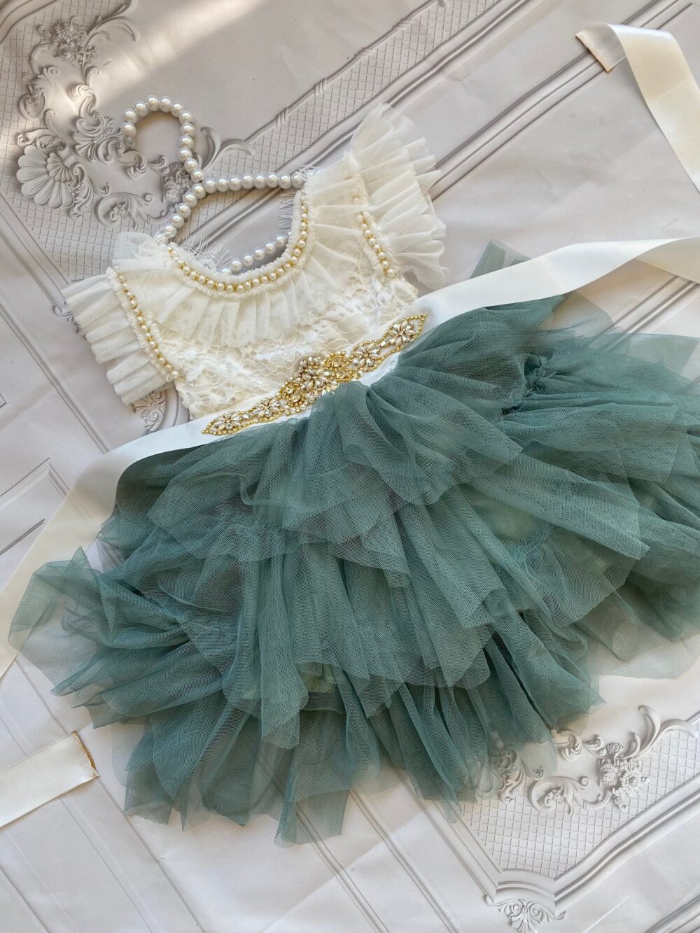 Flower Girl Dress With White Lace Top Dress/ Baby Girl Toddler Sage Green Tulle Tutu Flower Dress, 1st Birthday Dress